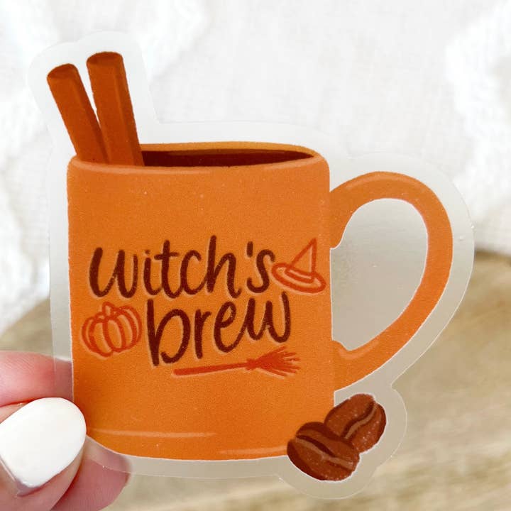 Clear Witch's Brew Coffee Mug Sticker 2.9x2.8in. | Halloween for wholesale by Elyse Breanne Design