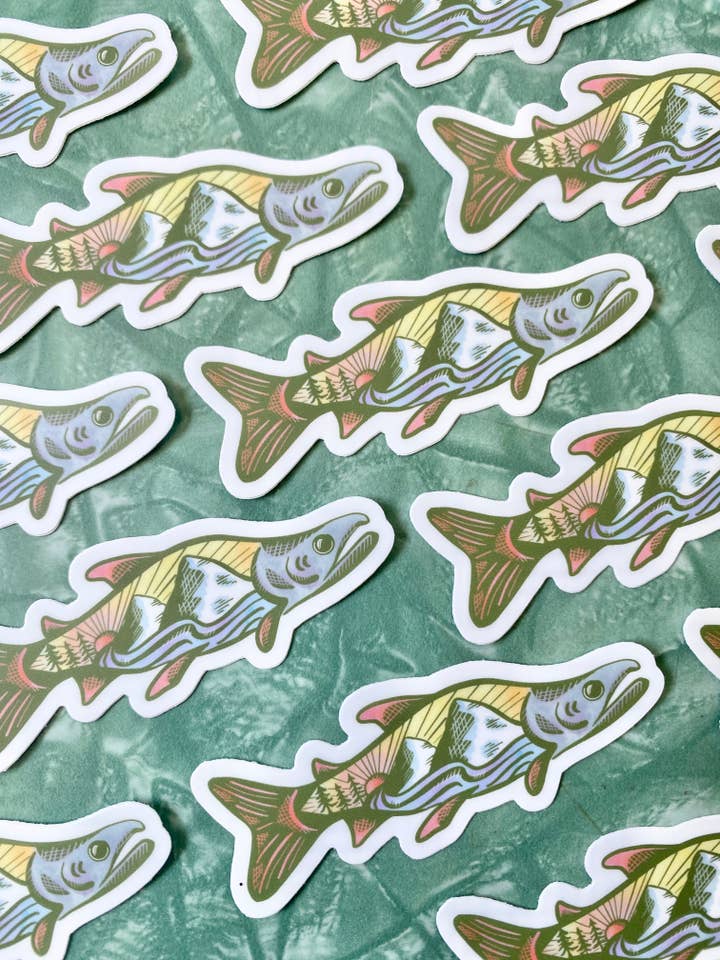 Salmon Sticker, Fishing Sticker, Pacific Northwest, Mountain for wholesale by Melissa Pothier Art