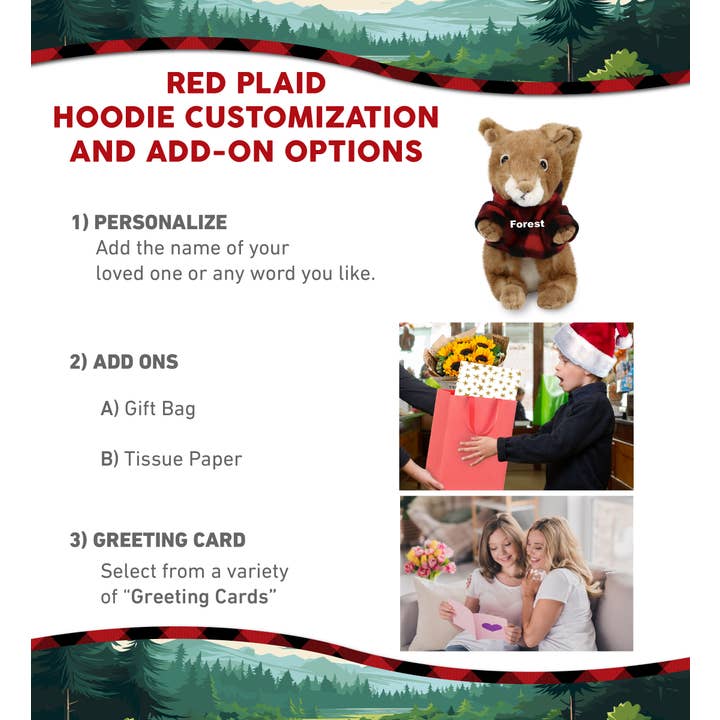 Cota Global - Wholesale Stuffed/Plush Toy - Kids & Baby - Plush Red Plaid Hoodie - Super Soft Plush - Squirrel1