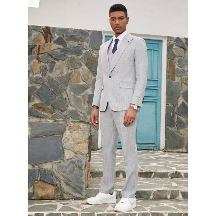 Stacy Adams Pinstriped Mens Suit 3pc, Light Grey for wholesale by Suits America