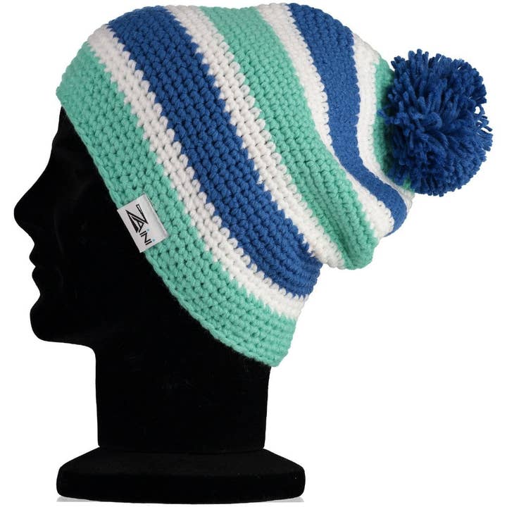 ZAINI Lifestyle Ltd – wholesale Beanie – Women's – Oban, Mint Green, Blue and White Lined Beanie Bobble Hat