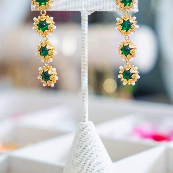 The Emerald Soirée Earrings for wholesale by Bluebird & Co.