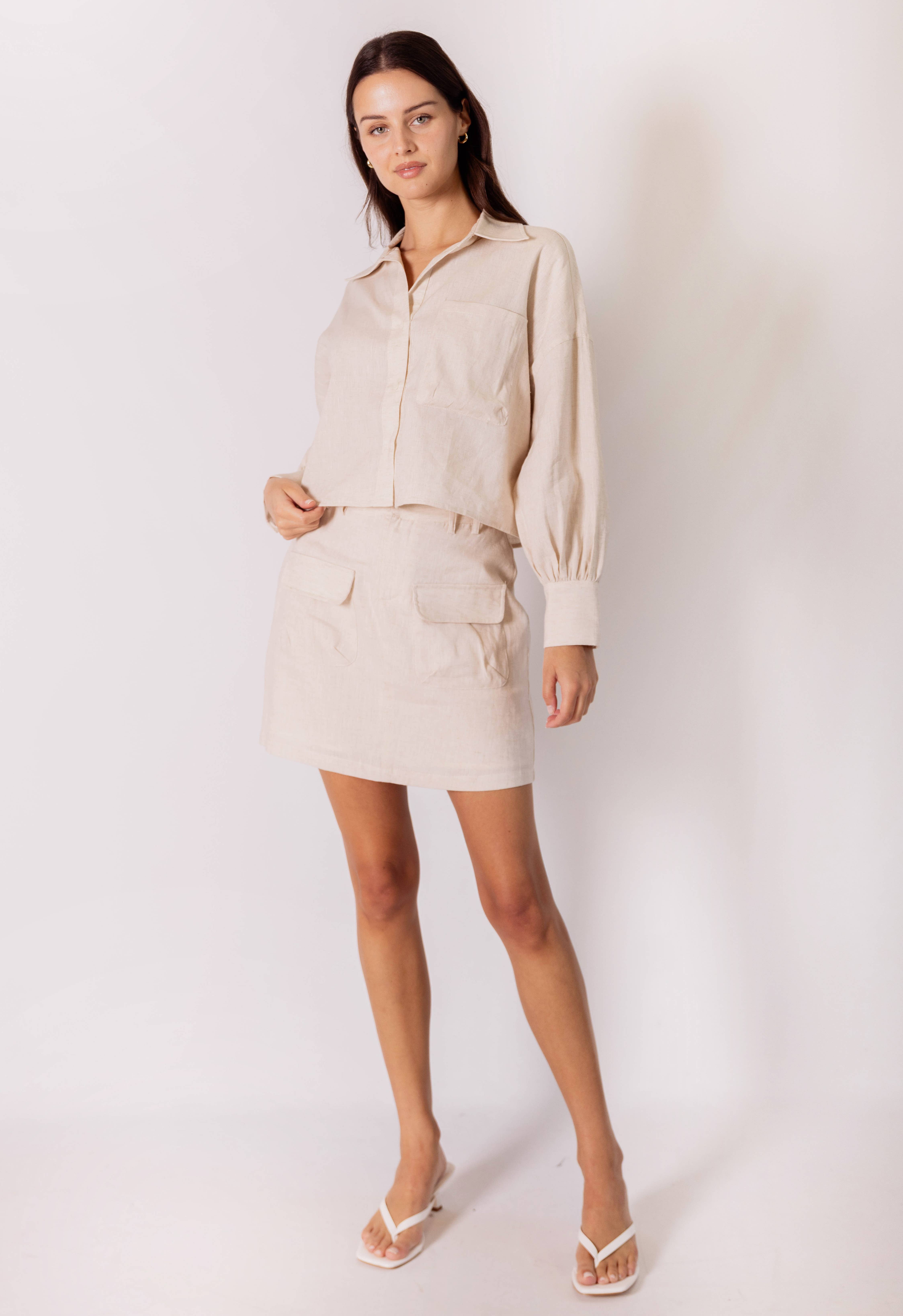 Natural P.CILL 100% Linen Cropped Button Up Shirt for wholesale on Faire1