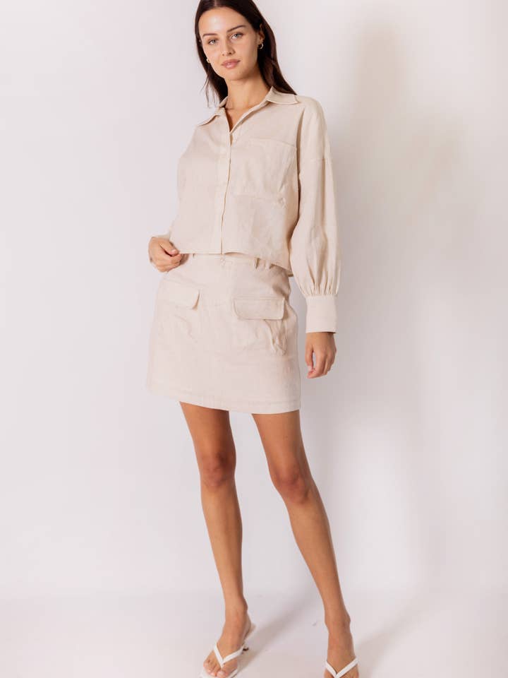 Natural P.CILL 100% Linen Cropped Button Up Shirt for wholesale on Faire1