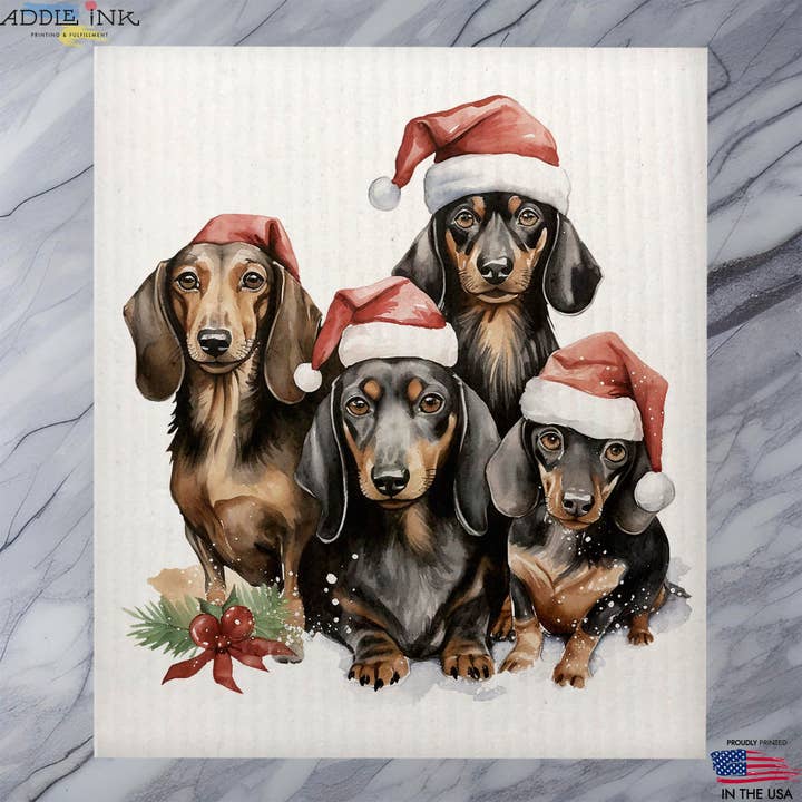Torchon suédois de Noël avec chiens en bonnet de Père Noël pour la vente par ADDLE iNK