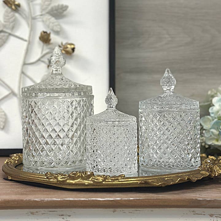 Tarro de almacenamiento de vidrio transparente cortado en diamante para venta al por mayor de Vagabond Vintage