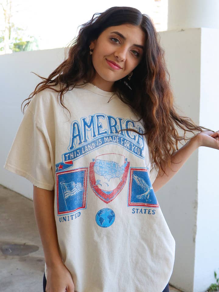 LivyLu - Wholesale Screen Printed T-Shirt - Unisex - 4th of July America Patch Off White Thrifted Graphic Tee