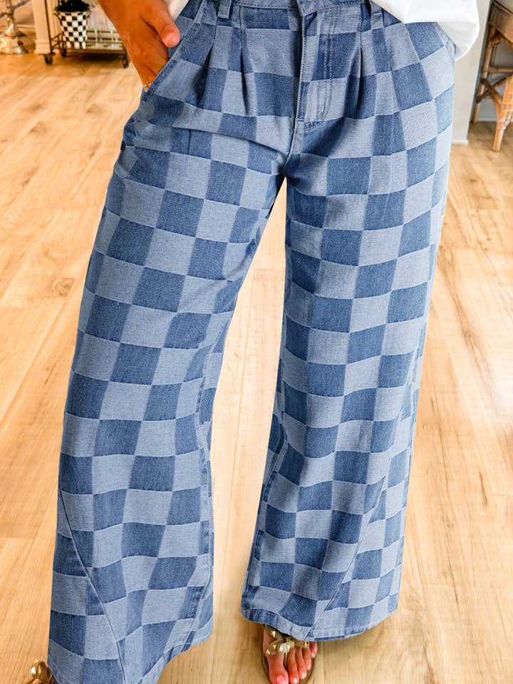 Checkered Denim Wide Leg Jeans for wholesale by Meg's Mess