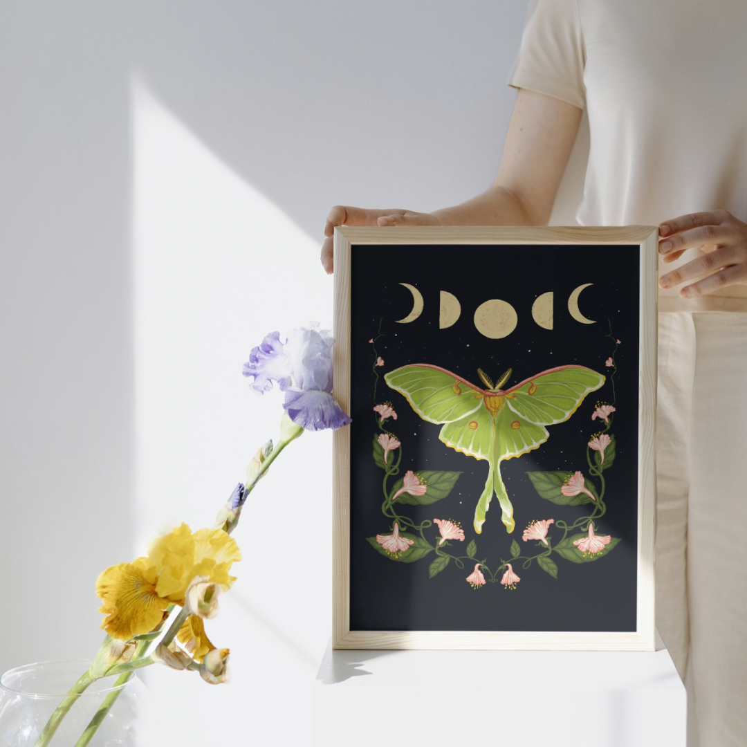 Folk Meadow - Wholesale Art Print - Luna Moth Moon Phase Print - 8x101