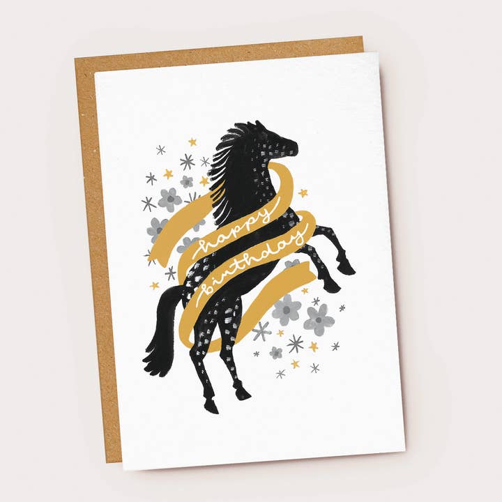 Jade Fisher – Großhandel Geburtstagskarten – Geburtstagskarte „Happy Birthday“, schwarzes und gelbes Pferd