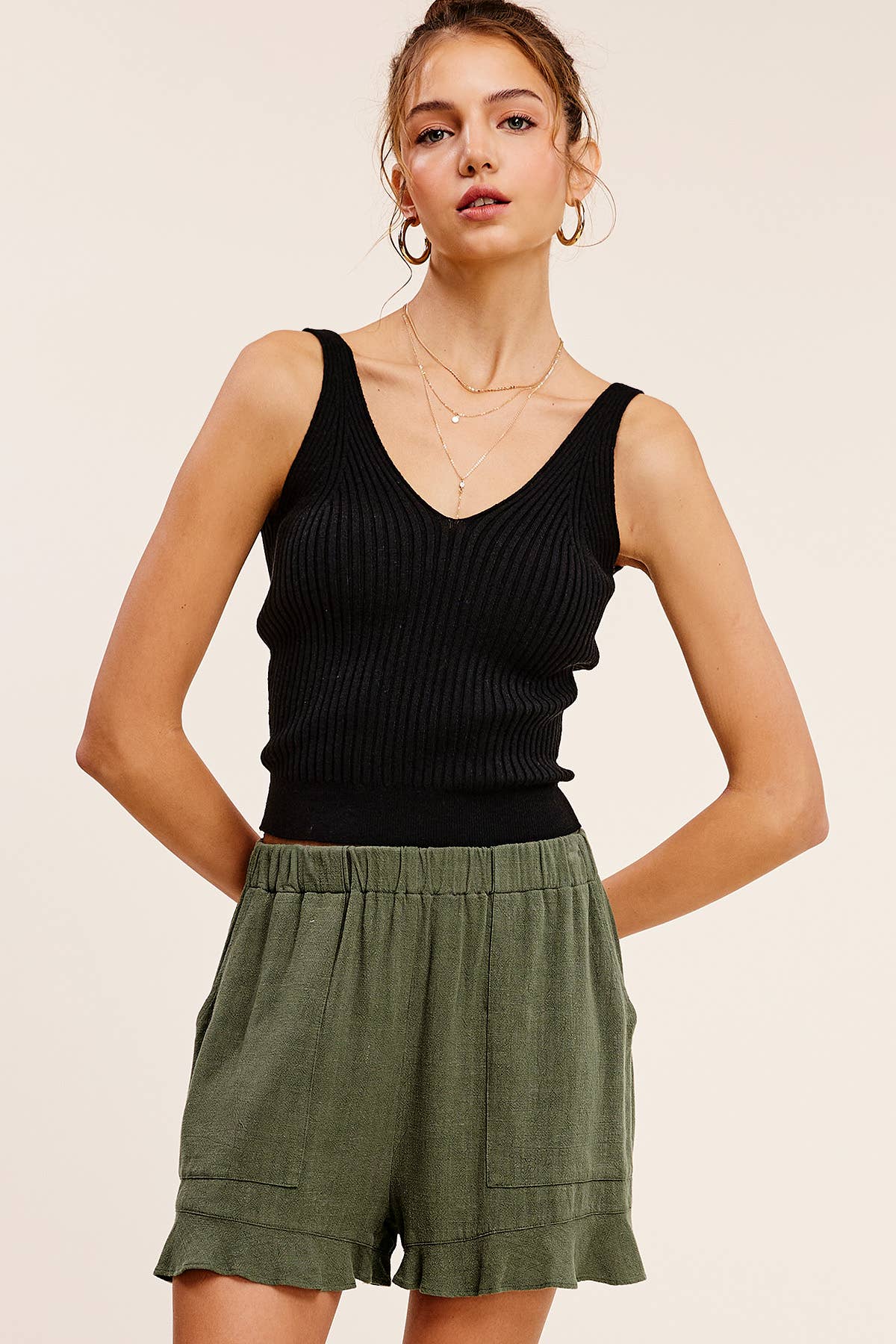 La Miel - Wholesale Shorts - Women's - HBP4201-Flared Hem Elastic Band Shorts with Front Pockets11