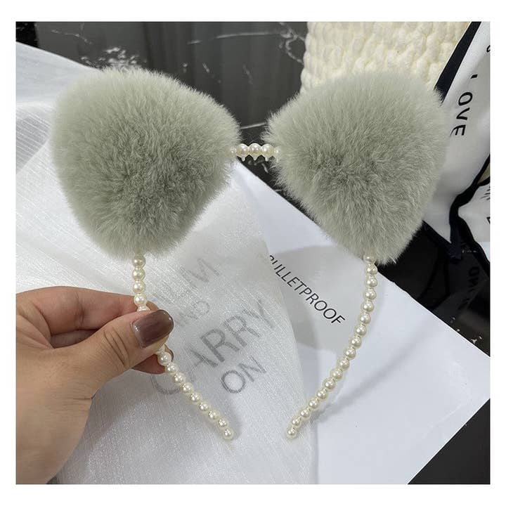 FurDecoration - Wholesale Fashion headband – women's - Fluffy Rex Rabbit Fur Cat Ears Hairband with Pearls6