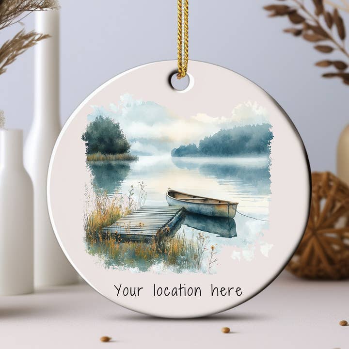 Canoe and Lake Christmas Ornament Name Drop Gift for wholesale by Stad Woodlands