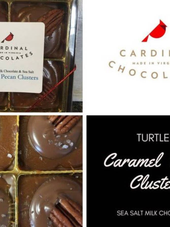Sea Salt Caramel Pecan Clusters Turtles 9 Piece Box for wholesale by Cardinal Chocolates