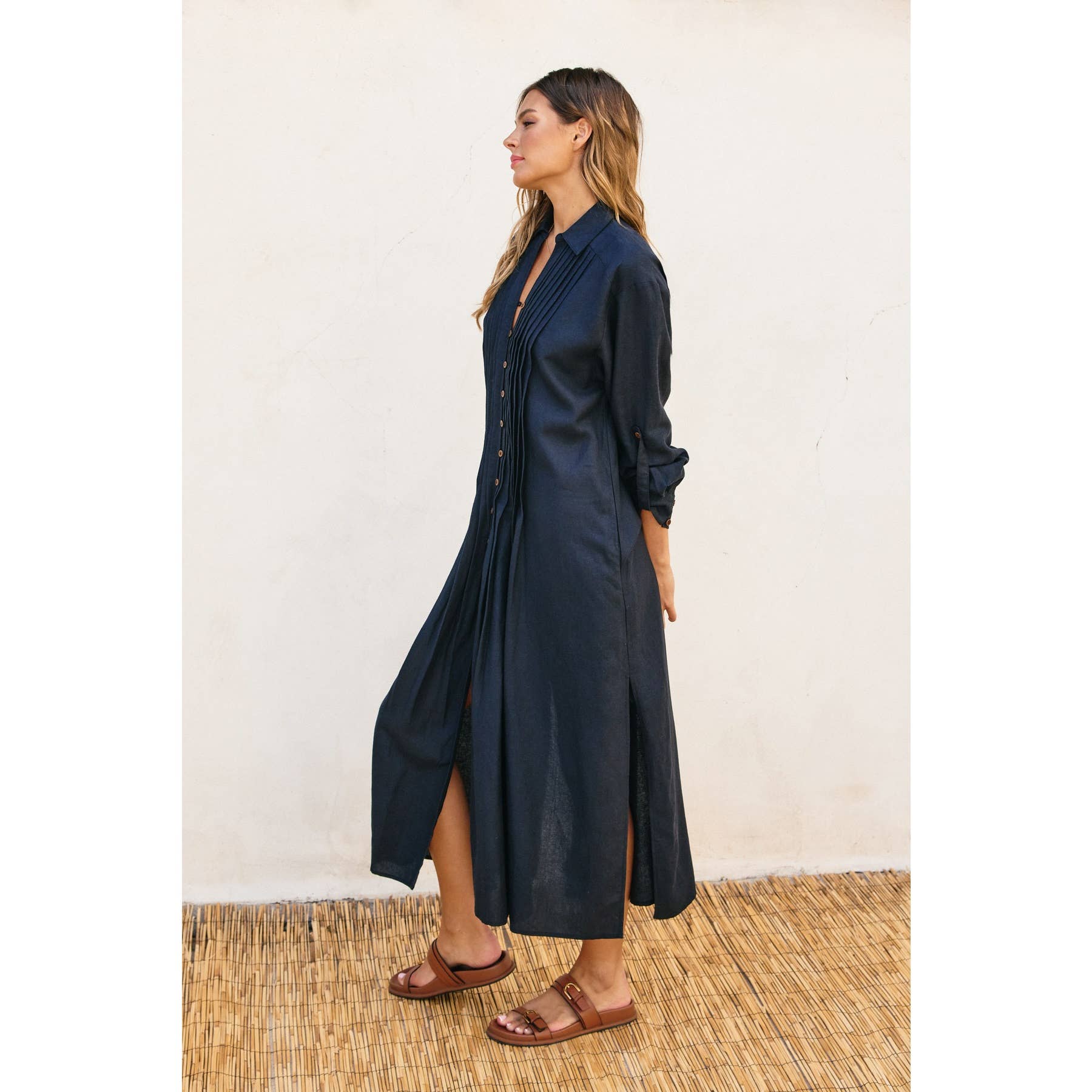 Dress Forum - Wholesale Dress - Women's - Cotton Linen Pleated Longline Shirt Dress (1)22
