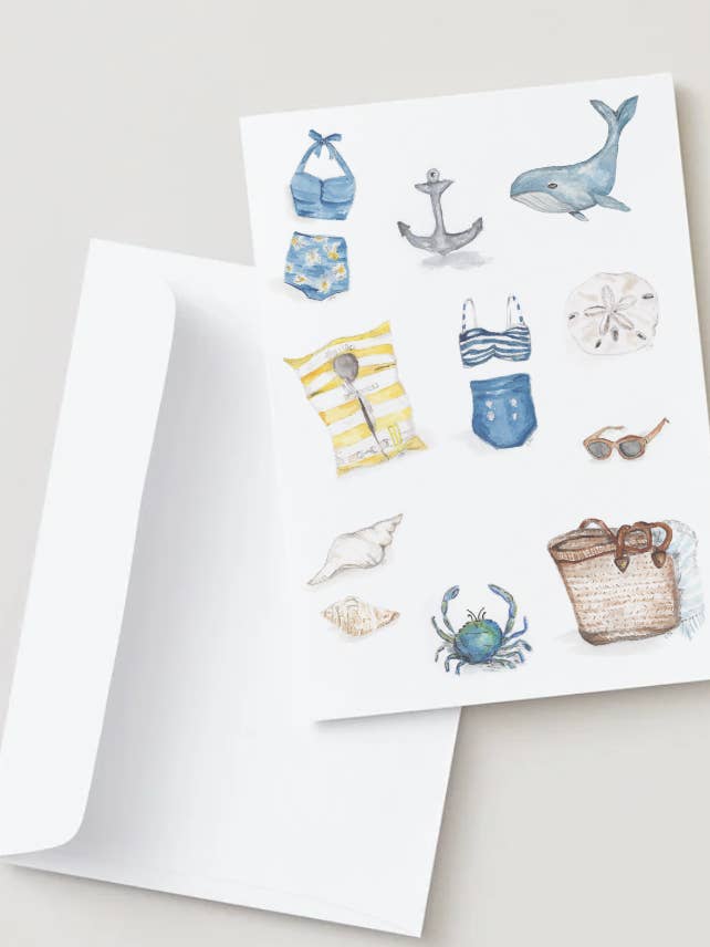 Set di biglietti d'auguri vuoti illustrati ad acquerello "Una giornata in spiaggia" per la vendita all'ingrosso da parte di LSA-studio