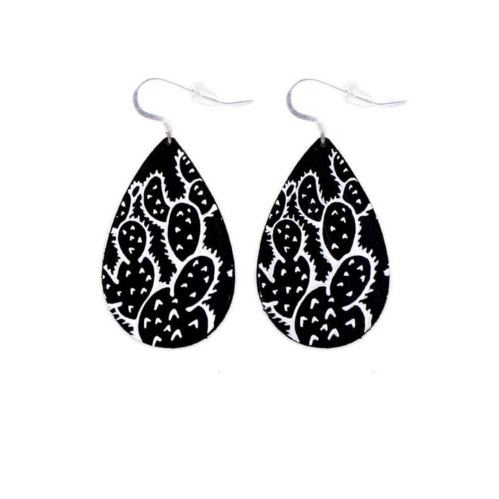 OneWild - Wholesale Dangle Earrings - Prickly Pear Cactus - Metallic Leather Embossed Earrings