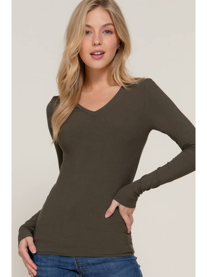 Active Basic | Active USA – Top de malha - Mulher por atacado – Top de malha de manga comprida com decote em V em Rayon 13