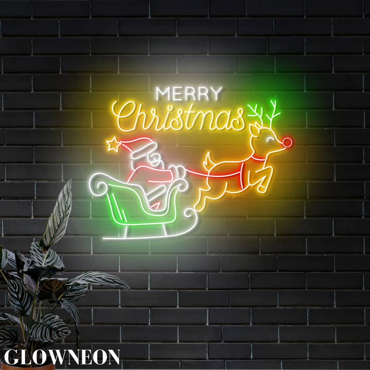 Panneau LED au néon Santa Ride Reindeer, décoration murale Joyeux Noël pour la vente par Glow Neon