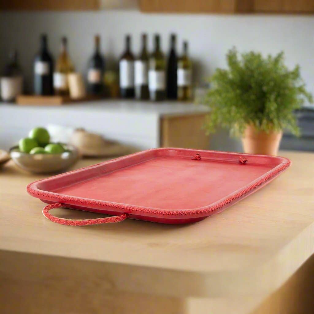 Bati Goods – Engroshandel Pyntebakke – Hermana | 16“ læder serveringsbakke m/broderede håndtag3