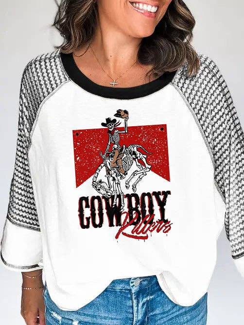 Black Rodeo Cowboy Print 3/4 Sleeve Western Tee for wholesale on Faire