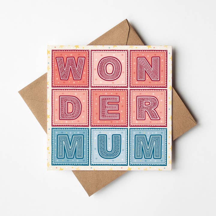 Superhero 'Wonder Mum' Typographic Mother's Day Card for wholesale by Jess A Little Creative