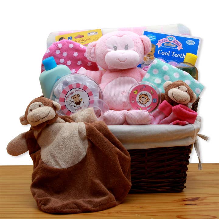 Gift Basket Drop Shipping - Wholesale New Mom Gift Box/Set - A New Little Monkey New Baby Gift Basket - Pink