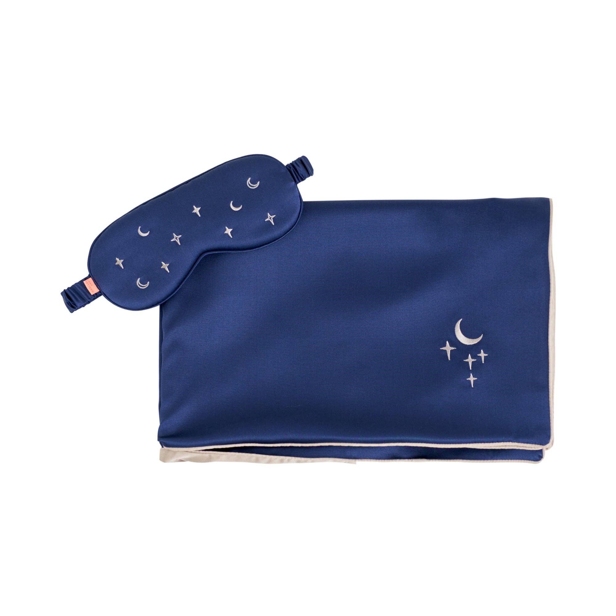 "Moonlit Stars" Silk 2 Piece Gift Set: Silk Pillowcase & Silk Sleep Eye Mask - Navy for wholesale on Faire1