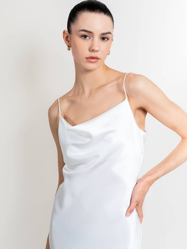Jacoba Jane - Wholesale Dress - Women's - Mandy Silk Satin Cowl Neck Slip Dress | White