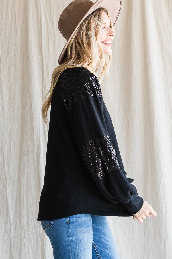 7th Ray - Wholesale Knit Top - Women's - Women's Casual Brush Knit Top with Sequin Contrast T439920