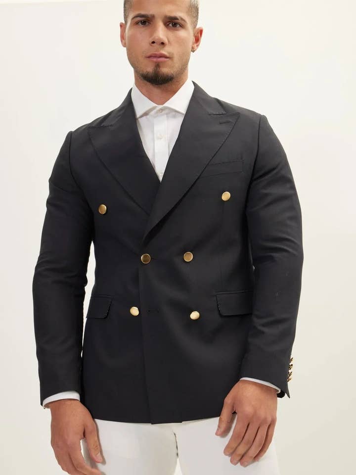Men's Gold Button 180S Wool Double Breasted Blazer -Navy for wholesale by Ron Tomson