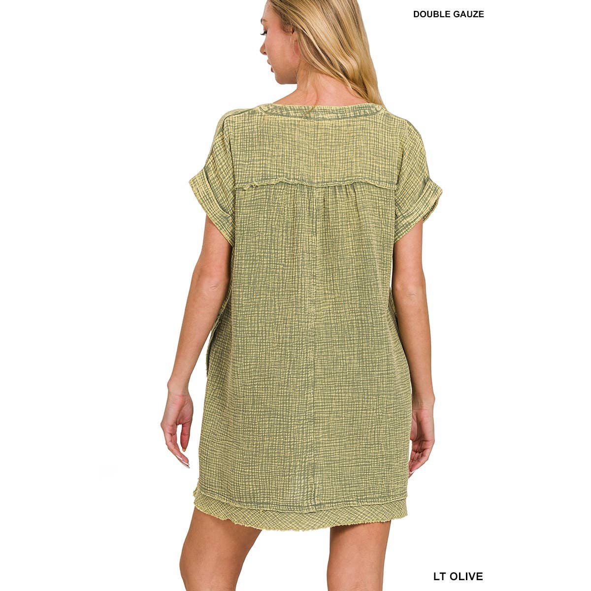 Apolline – Großhandel Kleid – Damen – GEWASCHENES KLEID MIT V-AUSSCHNITT AUS DOPPELTER GAZE MIT OFFENEN KANTEN10