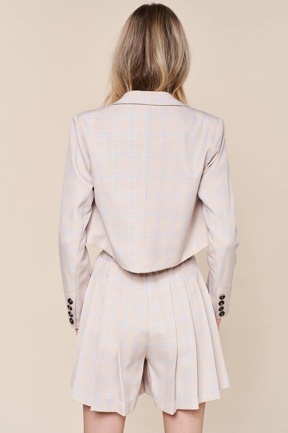 Listicle - Wholesale Top & Short Set (NOT Loungewear) - Women's - Plaid Cropped Blazer & Pleated Skort Set LSET12537