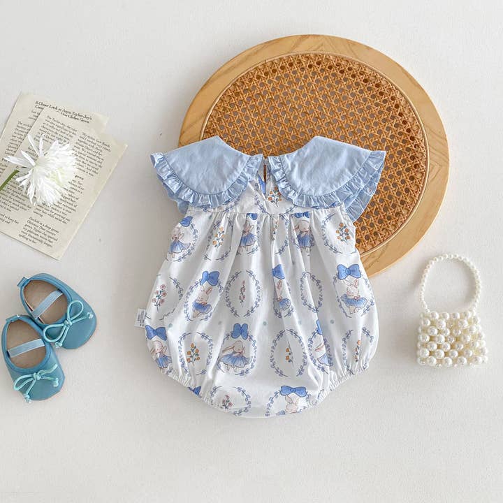 Blue Summer Hot Selling Baby Girls Sleeveless Crew Neck Rabbits Pattern bodysuit for wholesale on Faire3