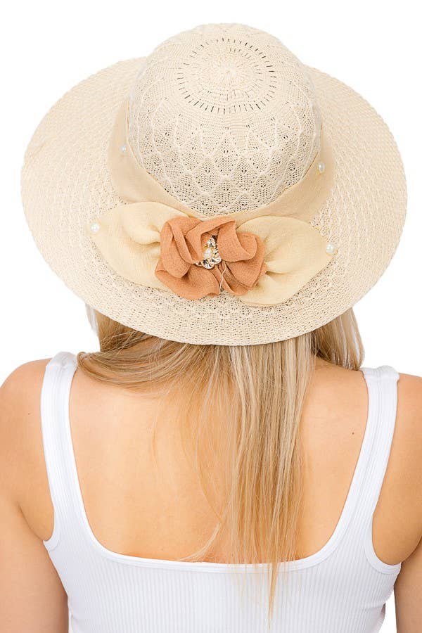 Cap Zone - Wholesale Straw Hat - Women's - Flower Ribbon Fabric Sun Hat0