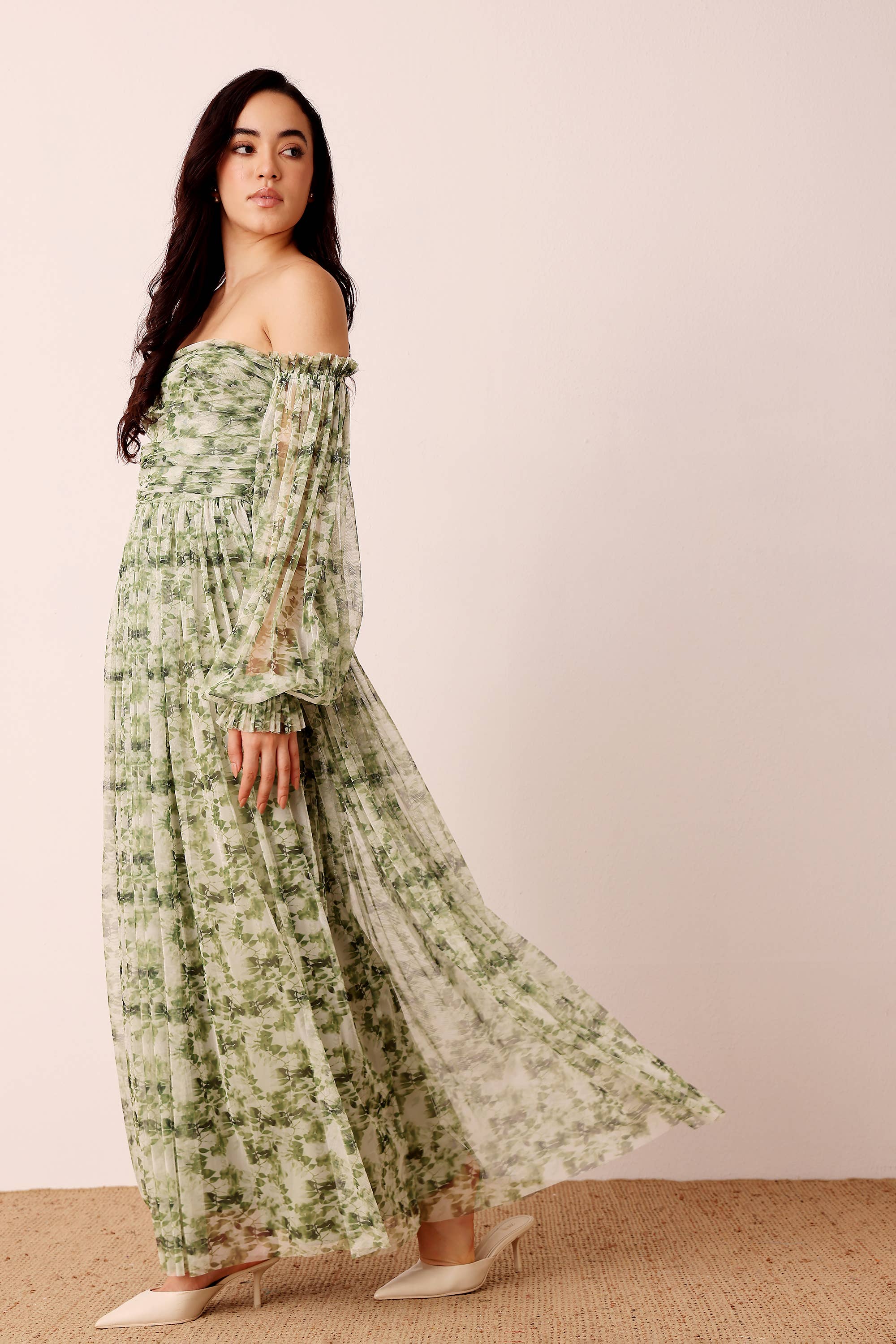 Lana Green Floral Printed Tulle Dress for wholesale on Faire5