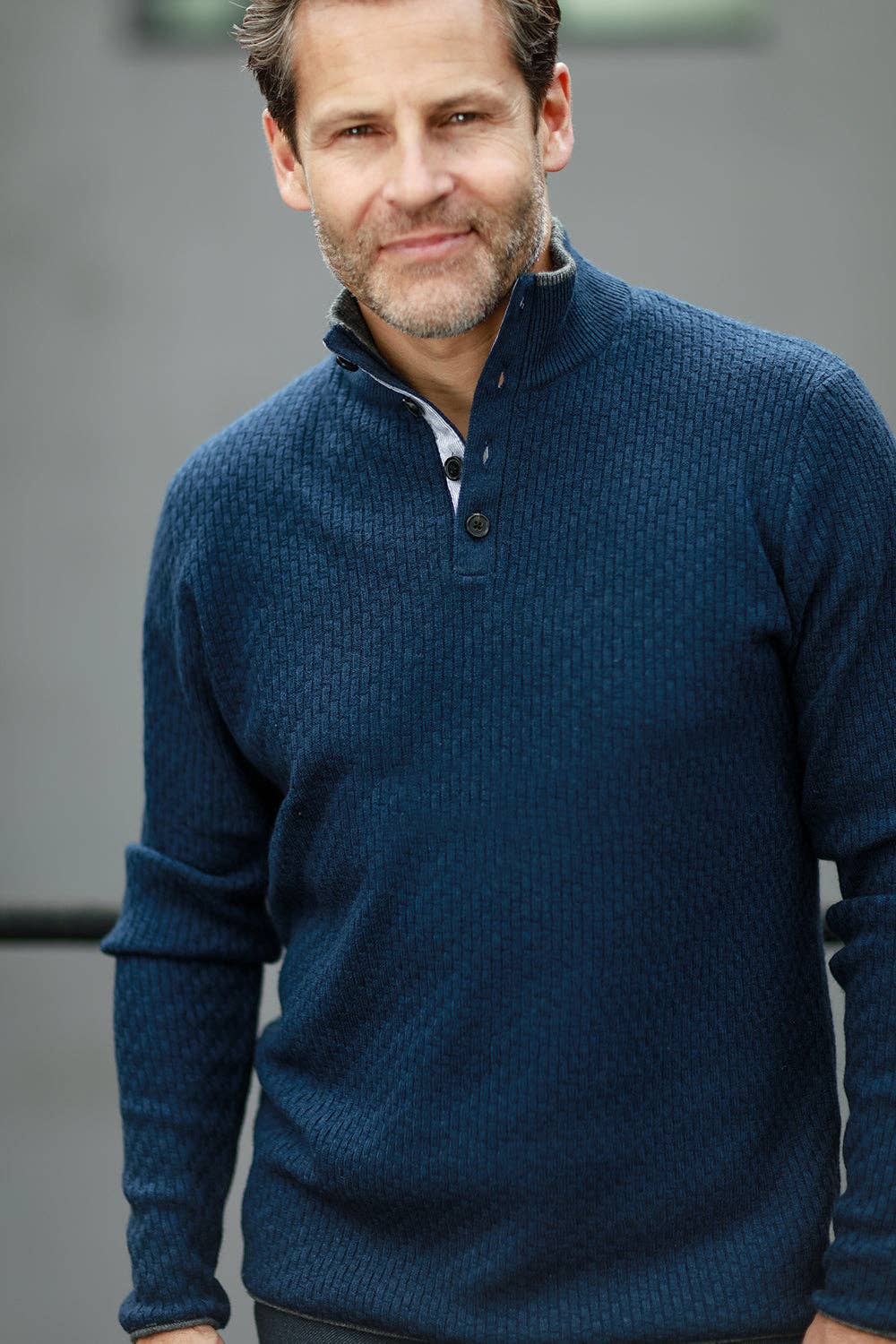 Cashmere Sweater Button Neck Andromeda in Carbon Stitch Mid Grey for wholesale on Faire4