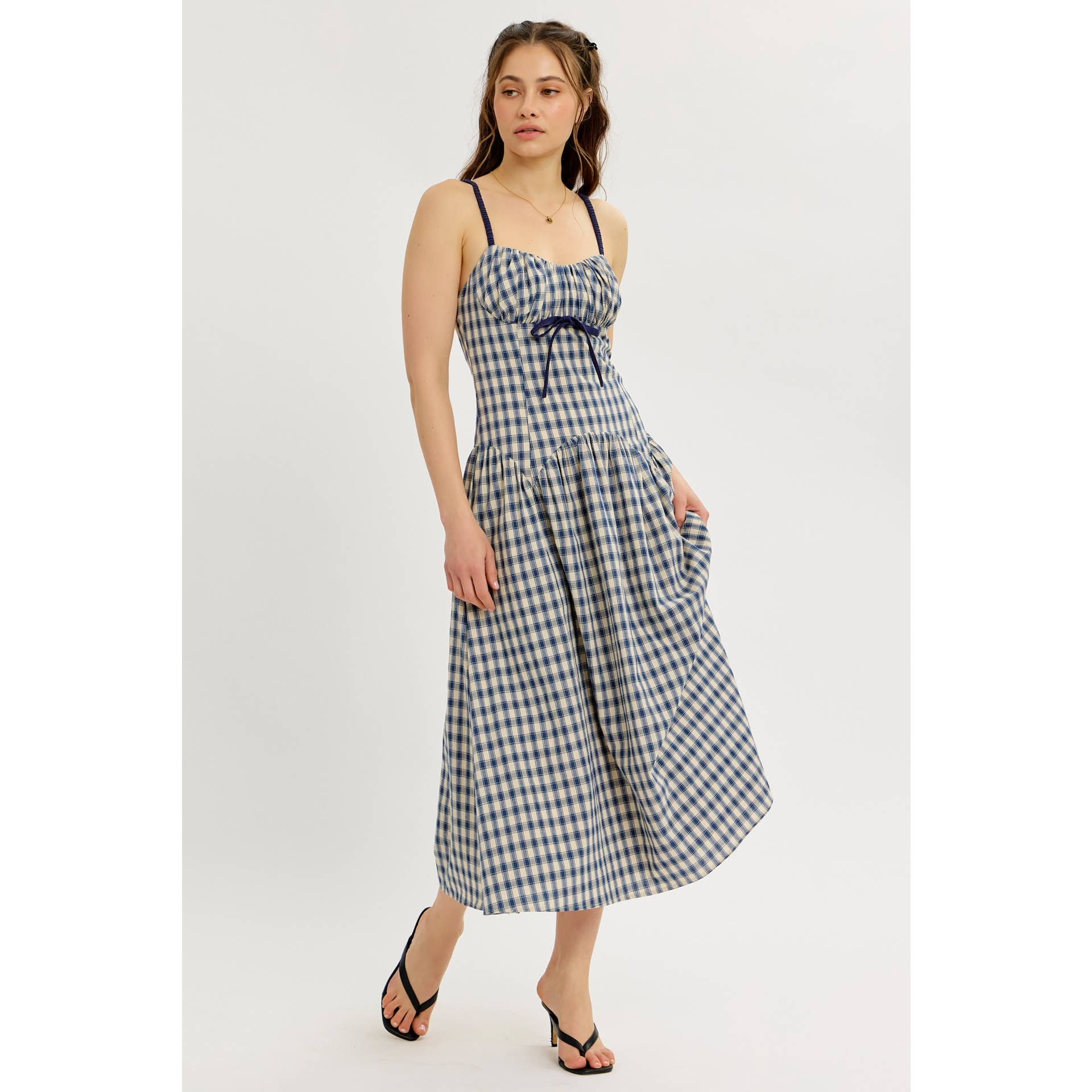 idem ditto - Wholesale Dress - Women's - PLAID MIDI DRESS WITH RUCHED BUST AND OPEN BACK26