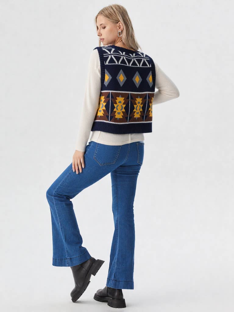 VERY J - Wholesale Sweater Vest - Women's - 12W2661V-Aztec Graphic Button Down Knit Sweater Vest5