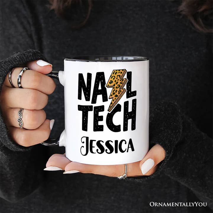 White Black Handle Nail Tech Leopard Lightning Personalized Mug, Retro Stylist for wholesale on Faire1