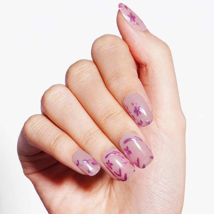 Light Purple with Metallic Flower Semi-Cured Gel Nail Strips | Lavender Chrome - 2691 for wholesale by Danni & Toni