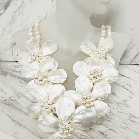 Mother of Pearl Flower with Freshwater Pearl V Necklace for wholesale by Anita K By Blushing Pink