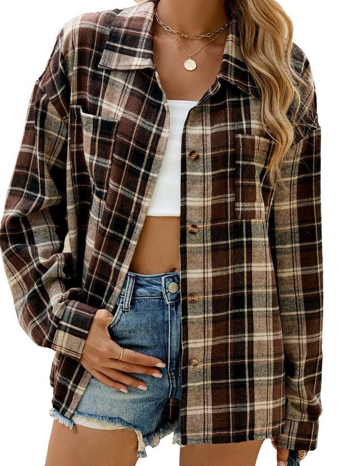 NINEXIS - Wholesale Coat - Women's - CWOCO0473_LAPEL PLAID CONTRAST LONG SLEEVE SHIRT COAT