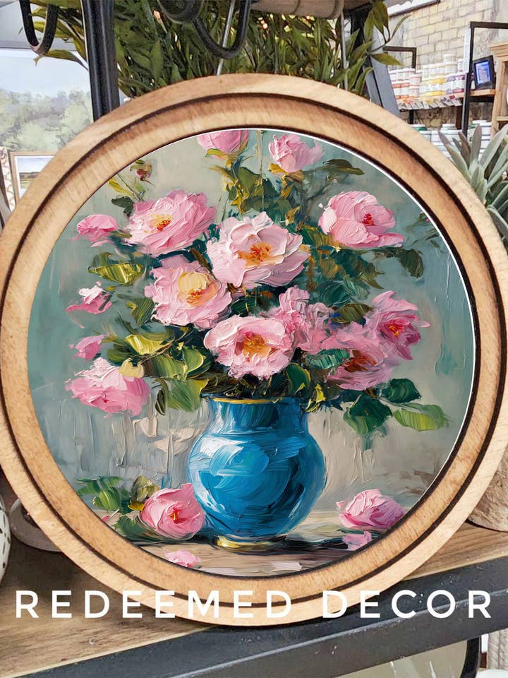 Arte vintage con rose rotonde da 8" per la vendita all'ingrosso da parte di Redeemed Decor