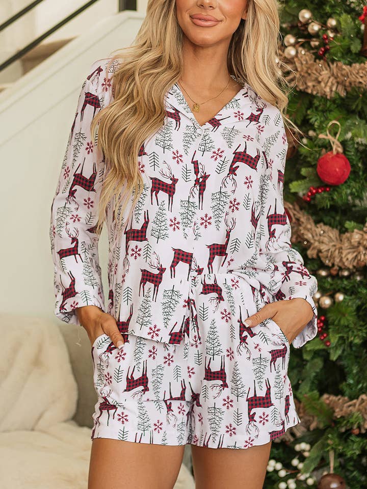 White Christmas Deer Printed Shirt and Shorts Lounge Set for wholesale by Lovesoft
