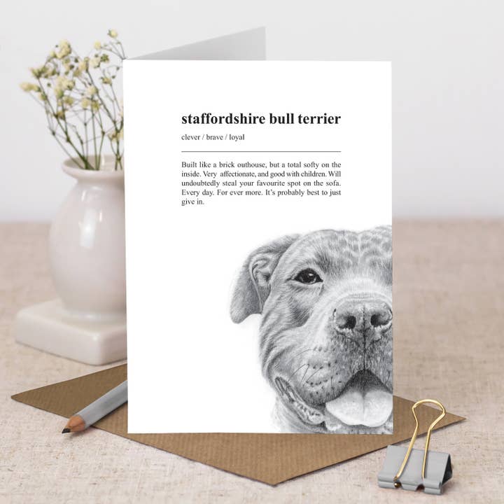 Funny Staffordshire Bull Terrier Staffie Dog Card for wholesale by Coulson Macleod (U.S. Duties Paid)
