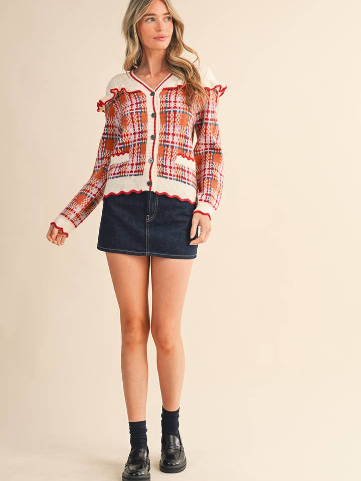 &MERCI - Wholesale Cardigan - Women's - RUFFLED YOKE PLAID SWEATER CARDIGAN MSW1118528
