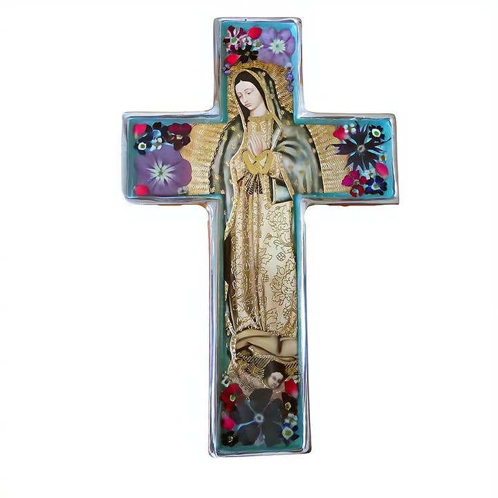 Our Lady of Guadalupe Medium Wall Cross w/ Pressed Flowers 6.5" for wholesale by Guadalupe Gifts