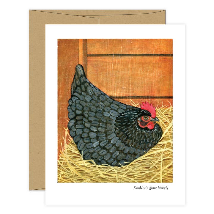 Kookoo's Gone Broody, tarjeta de notas, en blanco por dentro para venta al por mayor de Daphne Confar
