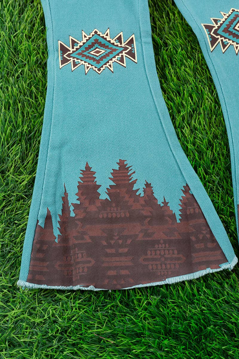 Kids Charm Online - Wholesale Jeans - Kids - TEAL BLUE AZTEC PRINTED BOOTCUT DENIM PANTS. PNG65153059-SOL1